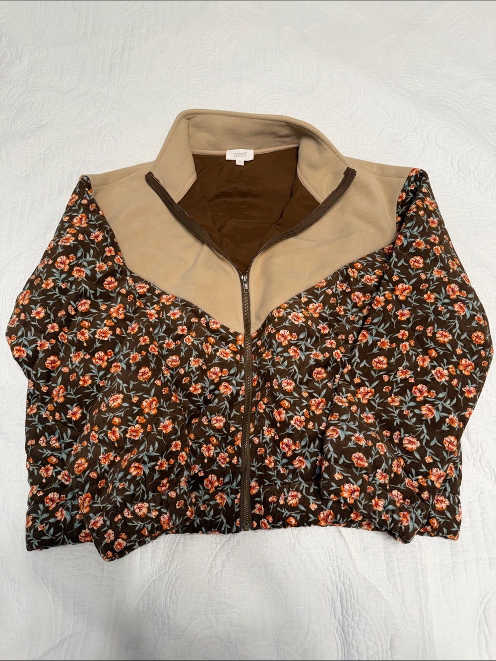 ODDY Brown Floral Quilted Puffer Jacket with Tan Yoke